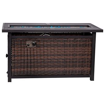 Emma and Oliver Ilya 50,000 BTU Propane Gas Fire Table with Weather Resistant Wicker Base, Steel Tabletop, Glass Beads and Hideaway Tank Holder