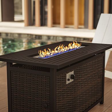 Emma and Oliver Ilya 50,000 BTU Propane Gas Fire Table with Weather Resistant Wicker Base, Steel Tabletop, Glass Beads and Hideaway Tank Holder