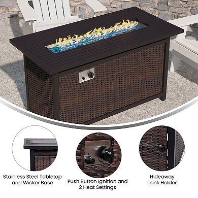 Emma and Oliver Ilya 50,000 BTU Propane Gas Fire Table with Weather Resistant Wicker Base, Steel Tabletop, Glass Beads and Hideaway Tank Holder