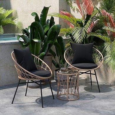 Emma and Oliver Ari 3 Piece Boho Patio Set - Faux Rattan Rope Papasan Style Chairs with Cushions and Glass Topped Side Table