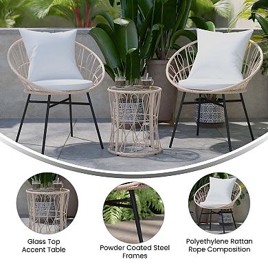 Emma and Oliver Ari 3 Piece Boho Patio Set - Faux Rattan Rope Papasan Style Chairs with Cushions and Glass Topped Side Table