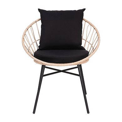 Emma and Oliver Ari 3 Piece Boho Patio Set - Faux Rattan Rope Papasan Style Chairs with Cushions and Glass Topped Side Table