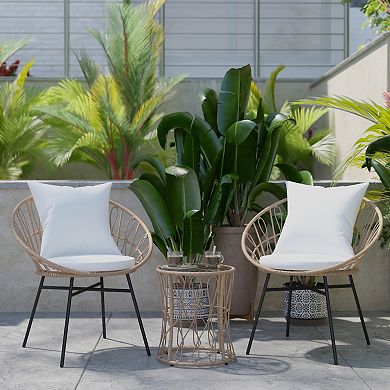 Emma and Oliver Ari 3 Piece Boho Patio Set - Faux Rattan Rope Papasan Style Chairs with Cushions and Glass Topped Side Table