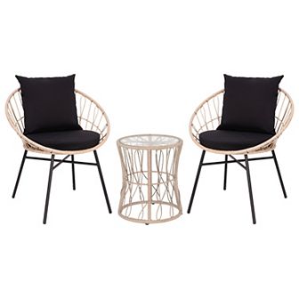 Emma and Oliver Ari 3 pc Boho Patio Set - Faux Rattan Rope Papasan Style Chairs with Cushions and Glass Topped Side Table