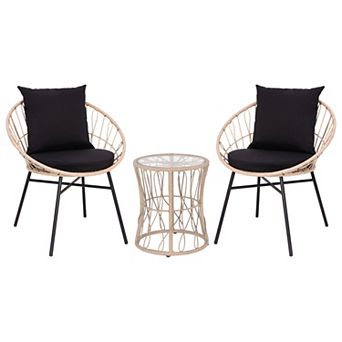 Emma and Oliver Ari 3 pc Boho Patio Set - Faux Rattan Rope Papasan Style Chairs with Cushions and Glass Topped Side Table