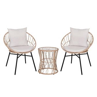 Emma and Oliver Ari 3 pc Boho Patio Set - Faux Rattan Rope Papasan Style Chairs with Cushions and Glass Topped Side Table