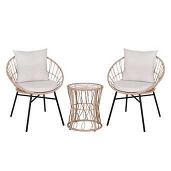Emma and Oliver Ari 3 pc Boho Patio Set - Faux Rattan Rope Papasan Style Chairs with Cushions and Glass Topped Side Table