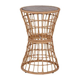 Emma and Oliver Ari All-Weather Faux Rattan Rope Patio Table with Acacia Wood Top for Indoor and Outdoor Use