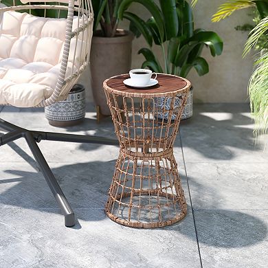 Emma and Oliver Ari All-Weather Faux Rattan Rope Patio Table with Acacia Wood Top for Indoor and Outdoor Use