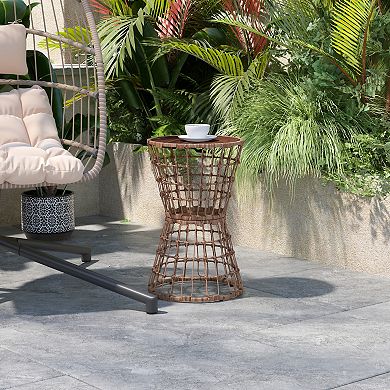 Emma and Oliver Ari All-Weather Faux Rattan Rope Patio Table with Acacia Wood Top for Indoor and Outdoor Use