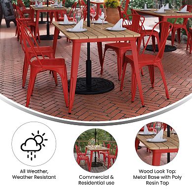 Emma and Oliver Drew Indoor/Outdoor Dining Table with Umbrella Hole, 30" x 60" Rectangular All Weather Poly Resin Top and Black Steel Base