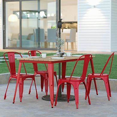 Emma and Oliver Drew Indoor/Outdoor Dining Table with Umbrella Hole, 30" x 60" Rectangular All Weather Poly Resin Top and Black Steel Base