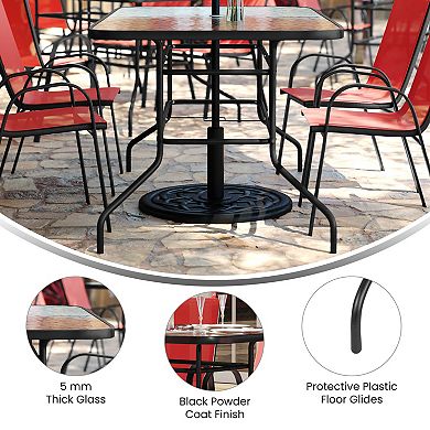 Emma and Oliver Seven Piece Patio Table Set with Metal Table with Tempered Glass Top and 6 Flex Comfort Stacking Chairs