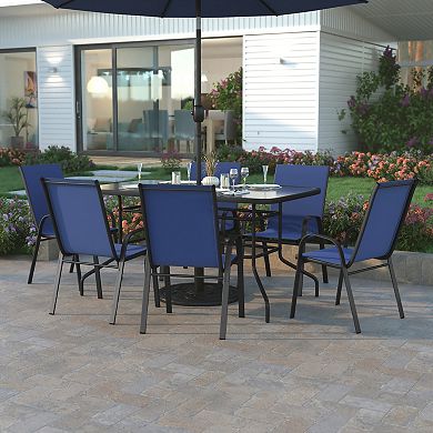 Emma and Oliver Seven Piece Patio Table Set with Metal Table with Tempered Glass Top and 6 Flex Comfort Stacking Chairs