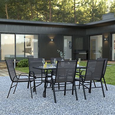 Emma and Oliver Seven Piece Patio Table Set with Metal Table with Tempered Glass Top and 6 Flex Comfort Stacking Chairs
