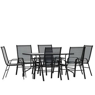 Emma and Oliver 7 pc Patio Dining Set - Glass Patio Table, 6 Flex Stack Chairs