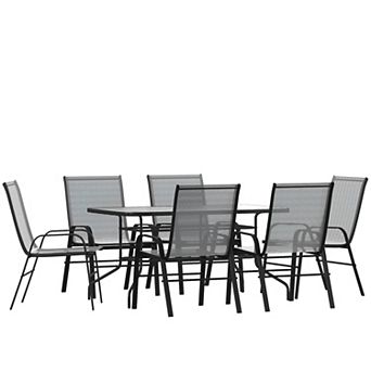 Emma and Oliver 7 pc Patio Dining Set - Glass Patio Table, 6 Flex Stack Chairs