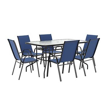 Emma and Oliver 7 pc Patio Dining Set - Glass Patio Table, 6 Flex Stack Chairs