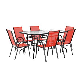 Emma and Oliver 7 pc Patio Dining Set - Glass Patio Table, 6 Flex Stack Chairs