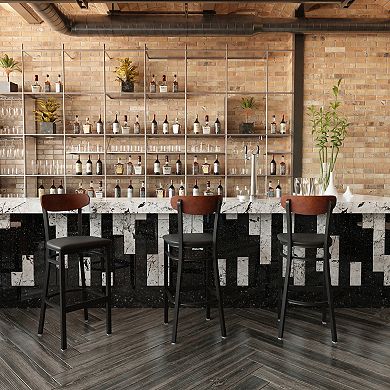 Emma And Oliver Yara Industrial Barstool With Rolled Steel Frame And Solid Wood Seat