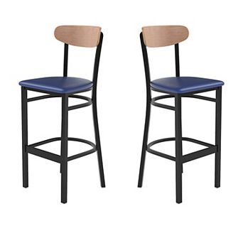 Emma And Oliver Yara Industrial Barstool With Rolled Steel Frame And Solid Wood Seat