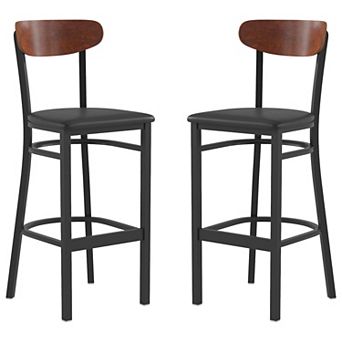 Emma And Oliver Yara Industrial Barstool With Rolled Steel Frame And Solid Wood Seat