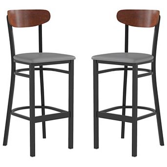 Emma And Oliver Yara Industrial Barstool With Rolled Steel Frame And Solid Wood Seat