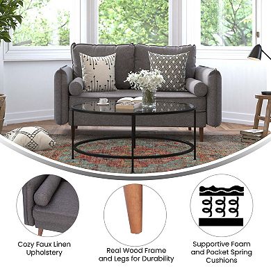 Emma and Oliver Carthage Upholstered Mid-Century Modern Pocket Spring Loveseat with Wooden Legs and Removable Back Cushions