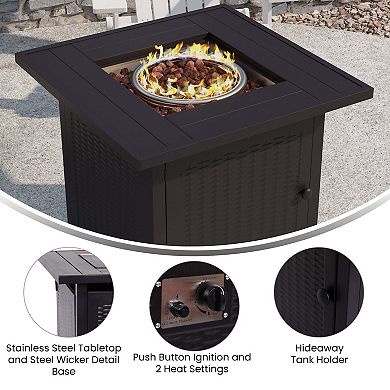 Emma and Oliver Calder 50,000 BTU Propane Fire Table with Wicker Motif Steel Base and Steel Tabletop with Included Lid, Lava Rocks, and Tank Holder