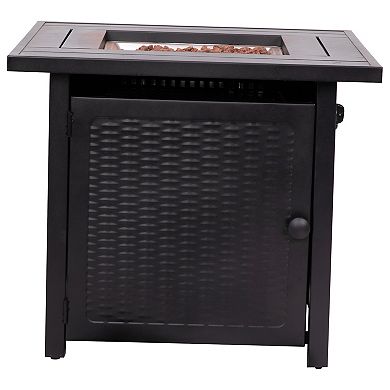 Emma and Oliver Calder 50,000 BTU Propane Fire Table with Wicker Motif Steel Base and Steel Tabletop with Included Lid, Lava Rocks, and Tank Holder