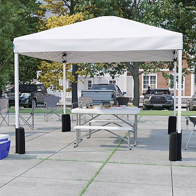 Emma and Oliver Portable Tailgate and Camping Set with Pop Up Event Canopy Tent with Wheeled Case and Folding Table with Benches Set