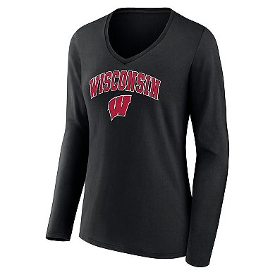 Women's Fanatics Branded Black Wisconsin Badgers Evergreen Campus Long Sleeve V-Neck T-Shirt