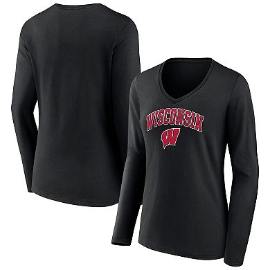 Women's Fanatics Branded Black Wisconsin Badgers Evergreen Campus Long Sleeve V-Neck T-Shirt
