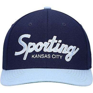Men's Mitchell & Ness Navy Sporting Kansas City Team Script 2.0 Stretch Snapback Hat