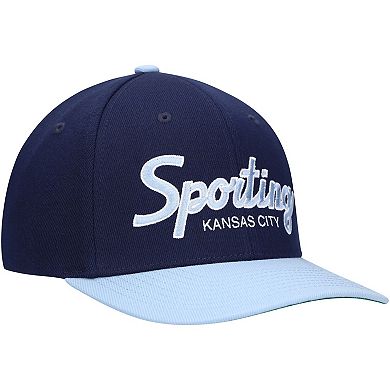Men's Mitchell & Ness Navy Sporting Kansas City Team Script 2.0 Stretch Snapback Hat