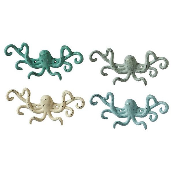 Set of 4 Multi Color Cast Iron Decorative Octopus Shaped Wall Hooks 9.8”