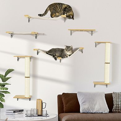 PawHut Unique Cat Tree Made From Cat Shelves with 8 Levels for More Height, Wall-Mounted Cat Tree Climbing Playground with Cat Hammocks, Modern Cat Tree