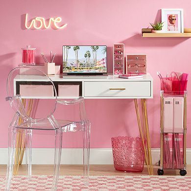 mDesign Metal/Wood Modern Computer Desk, Simple Desk w/ Drawer, White/Soft Brass