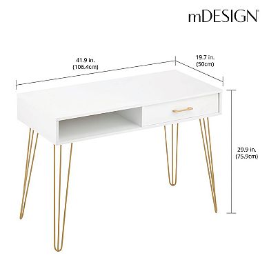 mDesign Metal/Wood Modern Computer Desk, Simple Desk w/ Drawer, White/Soft Brass