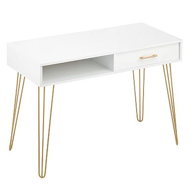 mDesign Metal/Wood Modern Computer Desk, Simple Desk w/ Drawer, White/Soft Brass