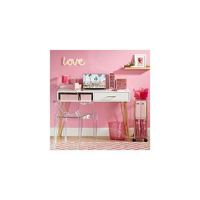 mDesign Metal/Wood Modern Computer Desk, Simple Desk w/ Drawer, White/Soft Brass