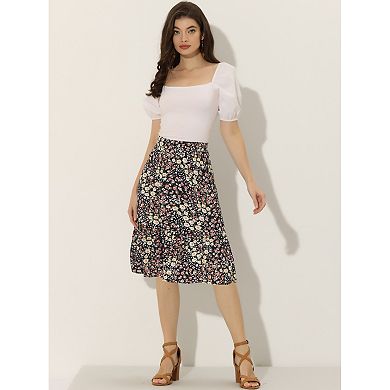 Women's Floral Print Ruffle Hem High Elastic Waist a-Line Midi Skirt