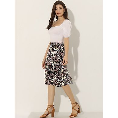 Women's Floral Print Ruffle Hem High Elastic Waist a-Line Midi Skirt