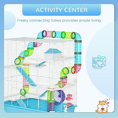 Bunny Cage PawHut Hamster Cage, Small Gerbil Cage 2 Tiers Portable W/Handle, Exercise Wheel, Water Bottle, Dishes Cage A Hamster