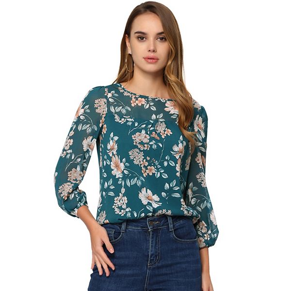 Women's Spring Floral Printed Long Sleeve Chiffon Blouse Tops