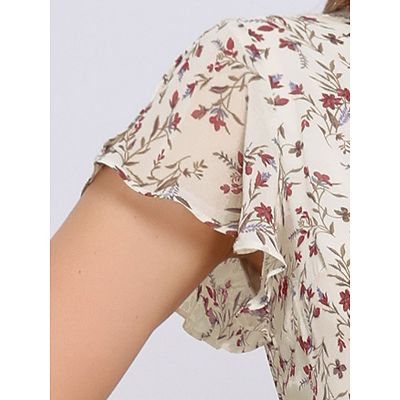 Wrap Tops for Women's Floral Printed V Neck Slit Sleeve Tie Waist