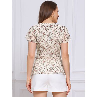 Wrap Tops for Women's Floral Printed V Neck Slit Sleeve Tie Waist Peplum Blouse