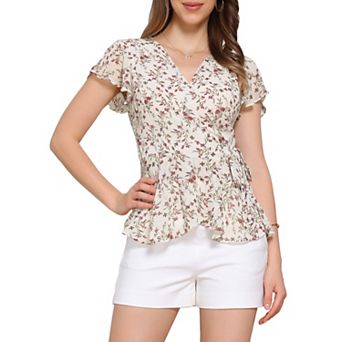 Wrap Tops for Women's Floral Printed V Neck Slit Sleeve Tie Waist Peplum Blouse