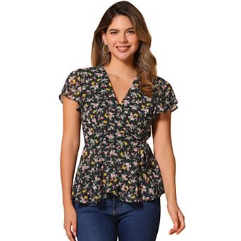 Wrap Tops for Women's Floral Printed V Neck Slit Sleeve Tie Waist Peplum Blouse