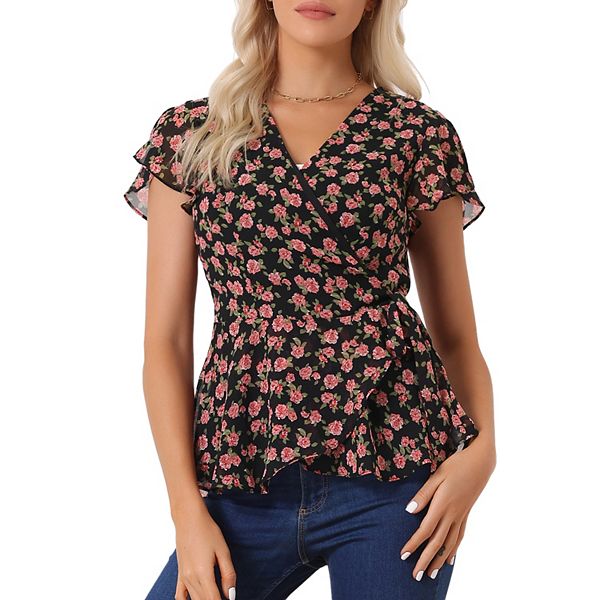 Wrap Tops For Women S Floral Printed V Neck Slit Sleeve Tie Waist Peplum Blouse